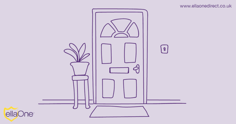 GIF showing a line drawn front door with a package of ellaOne being posted through the letterbox.