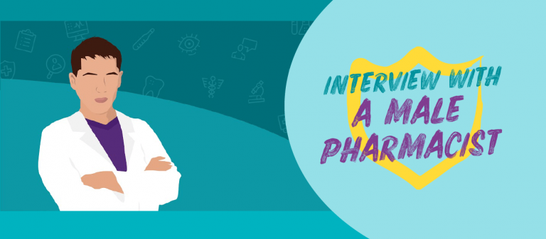 "Interview with a male pharmacist" banner