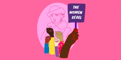Illustration of fists in the air and a "The woman rebel" sign