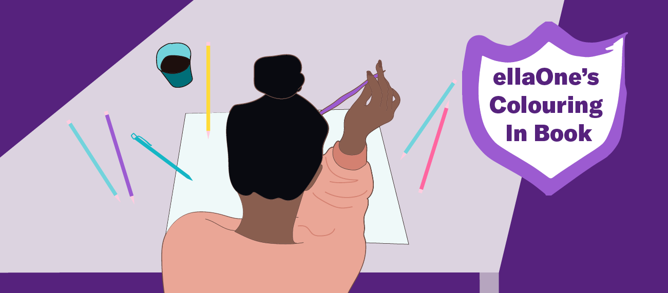 Woman sitting in front of white paper "ellaOne's colouring in book"