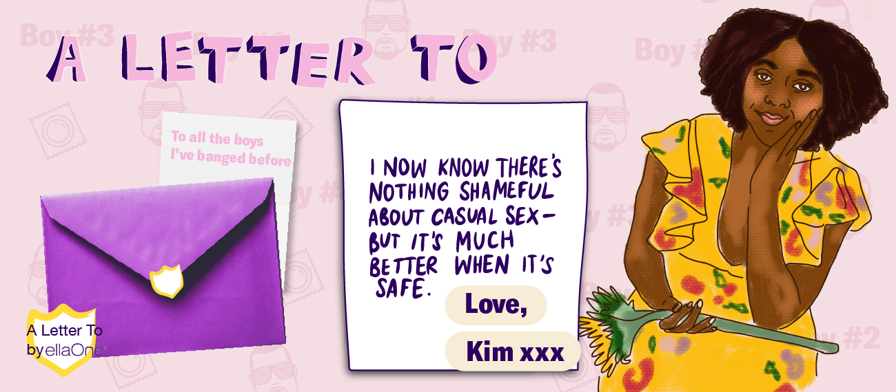 "I now know there's nothing shameful about casual sex - but it's much better when it's safe." illustrated portrait of woman