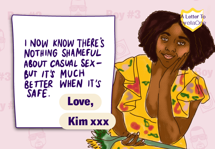 "I now know there's nothing shameful about casual sex - but it's much better when it's safe." illustrated portrait of woman