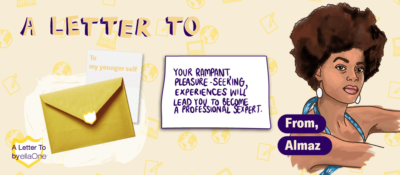 "Your rampant pleasure - seeking, experiences will leas you to become a professional sexpert." illustrated portrait of woman