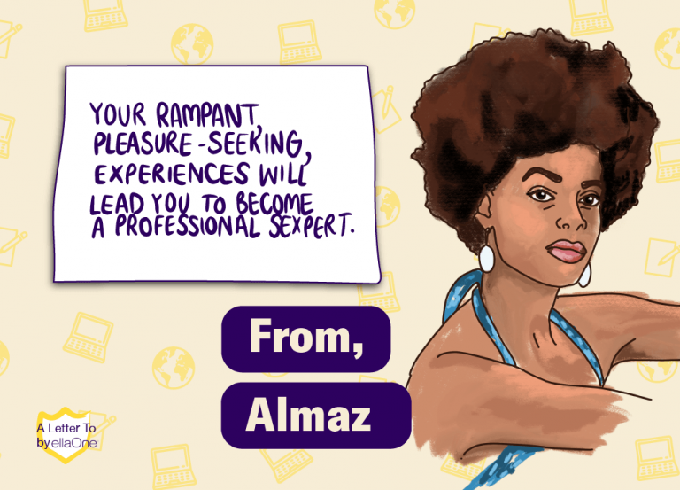 "Your rampant pleasure - seeking, experiences will leas you to become a professional sexpert." illustrated portrait of woman