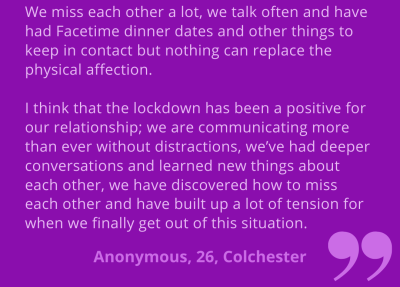 "We miss each other a lot, we talk often and have had Facetime dinner dates and other things to keep in contact but nothing can replace the physical affection. I think that the lockdown has been positive for our relationship; we are communicating more than ever without distractions, we've had deeper conversations and learned new things about each other, we have discovered how to miss each other and have built up a lot of tension for when we finally get out of this situation. " Anonymous, 26, Colchester.