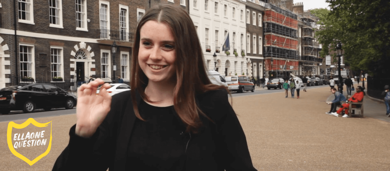 "ellaOne question" Still from an interview, showing a brown haired woman