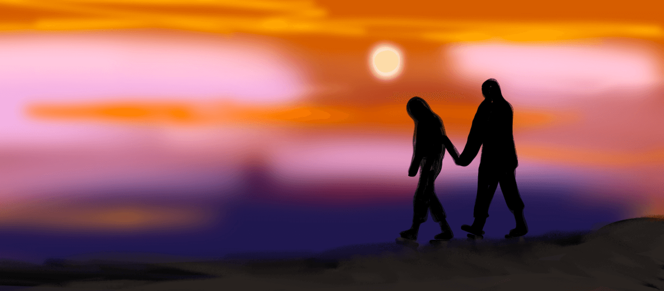 painting of couple walking at sunset
