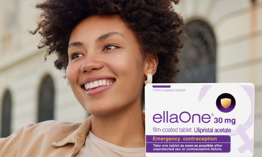 ellaOne packshot next to woman with curly brown hair
