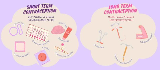 Infographic contrasting various short-term contraceptive methods (eg: condoms, pills) with long-term contraceptive methods (eg: IUDs, implants).
