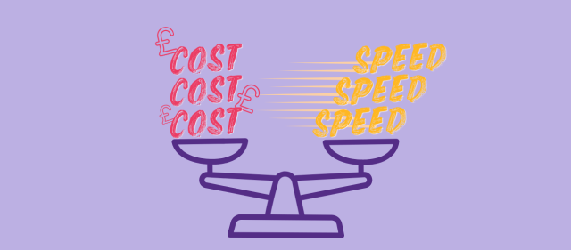 A scale comparing money with a clock to represent speed, illustrating quick, private purchase options.